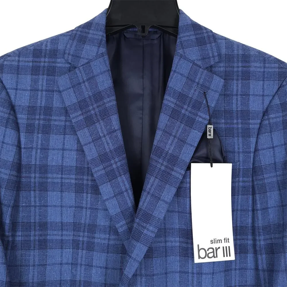 Bar III Mens Slim Fit Sport Coat Blazer 44R Blue Plaid Linen Cotton Blend NWT
